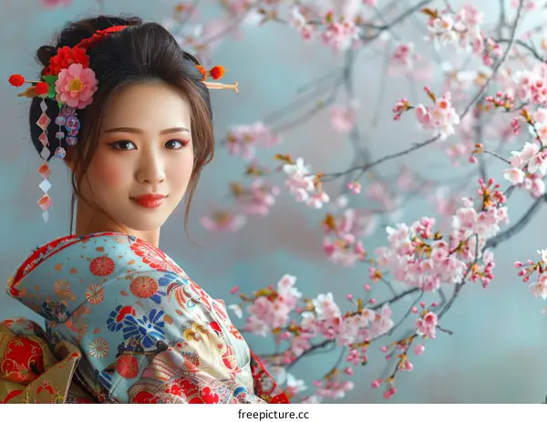 Portrait of a beautiful Japanese woman in traditional kimono with pink cherry blossoms