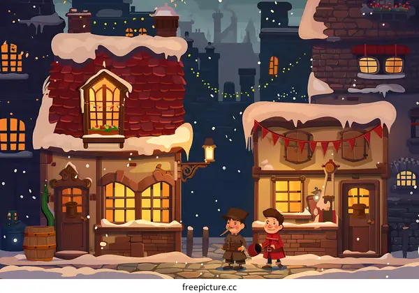 Cartoon Illustration of Winter Village Scene with Two People