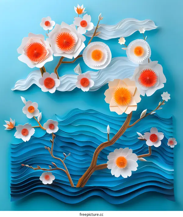 An illustration of a cherry blossom tree with orange and white flowers against a blue background