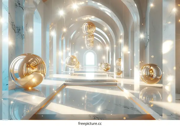 Futuristic Sci-Fi Marble Hallway Adorned with Glowing Orbs