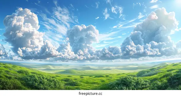 Green Hills and Blue Sky with Clouds