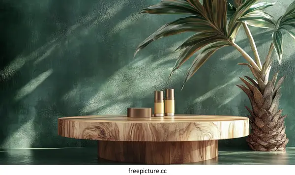Natural Wood Round Display Stand with Tropical Plants