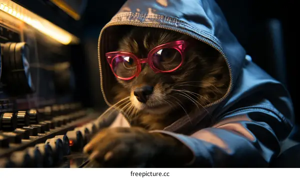 A cat wearing glasses and a hoodie is sitting in front of a mixing console.