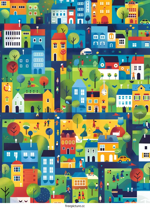 Colorful Illustration of a Busy City with People and Buildings