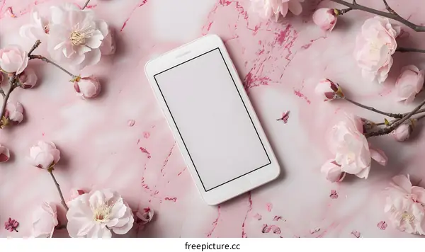 White Smartphone with Pink Flowers on a Pink Background