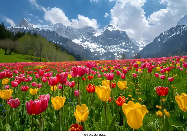 Colorful Tulip Field with Mountain View