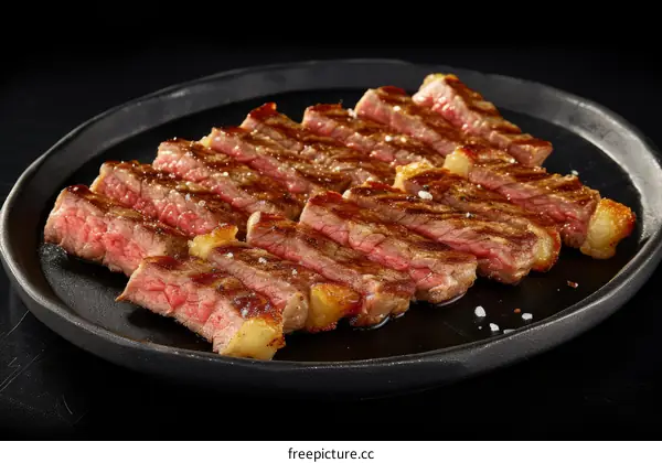Tender Beef Steak with Salt on a Black Plate