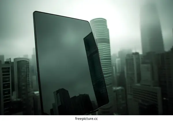 Reflective Screen Shows City Skyline in Fog