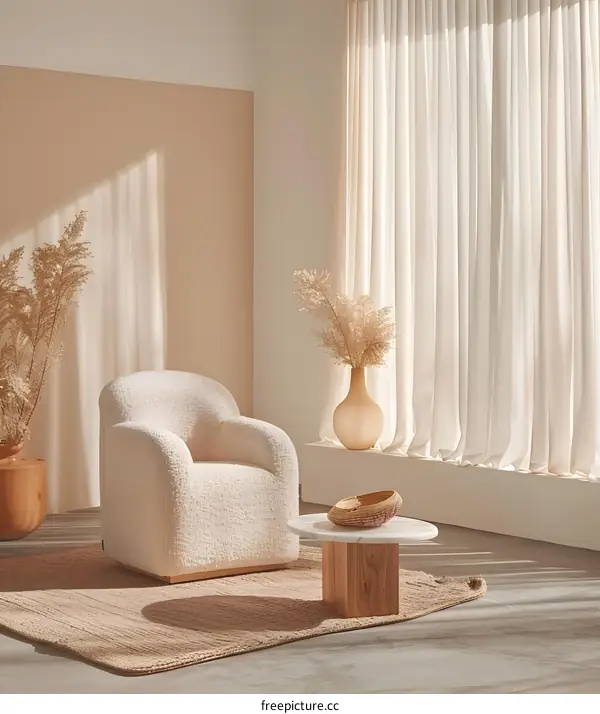 Minimalist Living Room Interior Design with Plush Armchair and Natural Elements