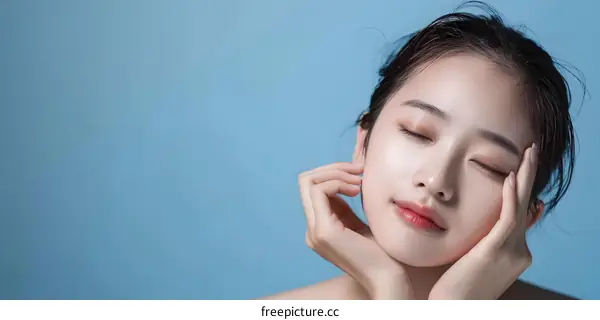 Beautiful Woman with Closed Eyes Posing in Blue Background