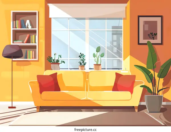 Yellow Sofa In Living Room Interior Design Illustration