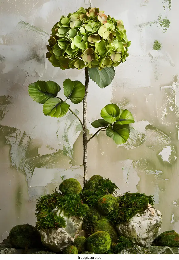 Green Hydrangea Plant with Mossy Stones