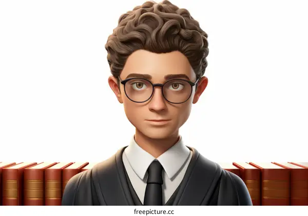 Portrait of a Young Male Judge or Lawyer Wearing Black Robe and Glasses Standing in Front of Bookshelf