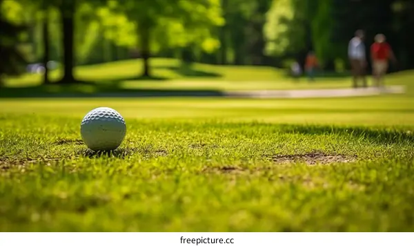 A white golf ball sits on the green grass of a golf course with a blurred background of trees and people