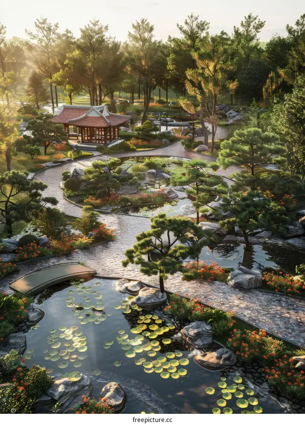 Zen Garden with Pond and Pavilion