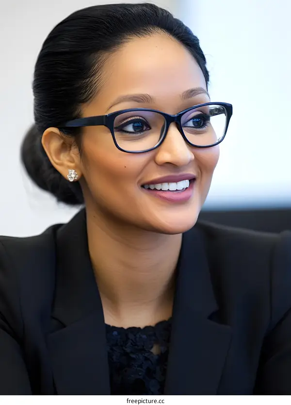 Smiling Indian Woman Wearing Black Blazer and Glasses
