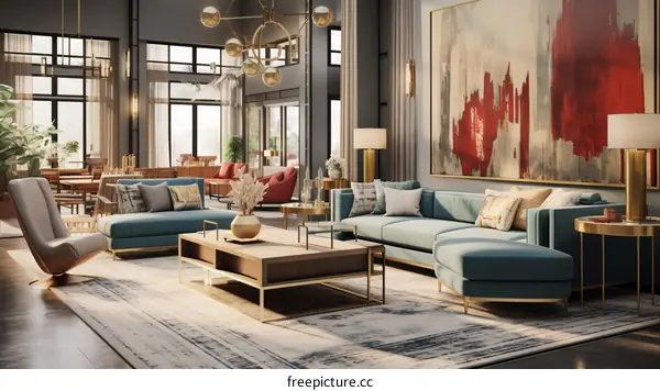 Modern Living Room with Blue Sofa and Red Art