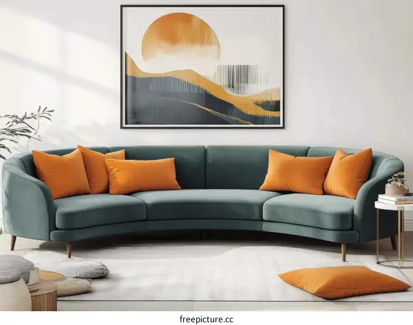 Modern Living Room Sofa with Orange Cushions and Abstract Art