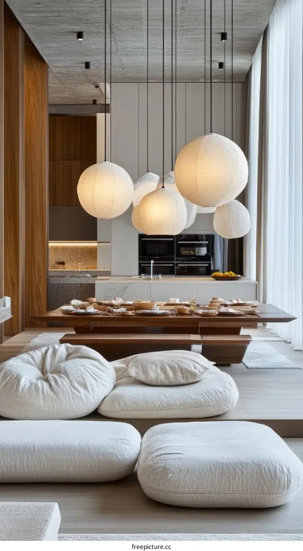 Modern Minimalist Dining Area with Stylish Lighting