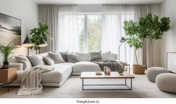 A bright and airy living room with a large sectional sofa, coffee table, rug, and plants