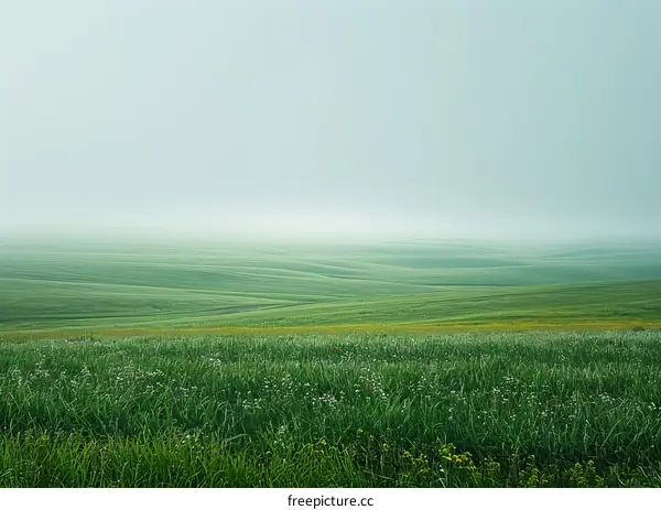 Green rolling hills under a foggy sky