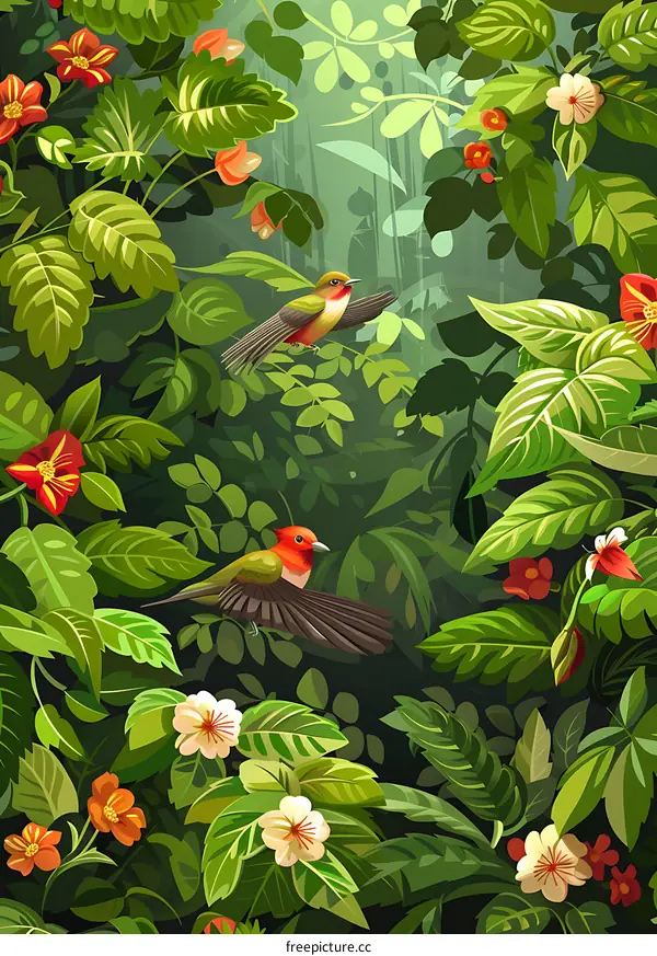 Tropical Rainforest Illustration with Colorful Birds