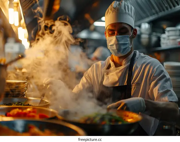 Chef wearing a mask cooking in a restaurant kitchen