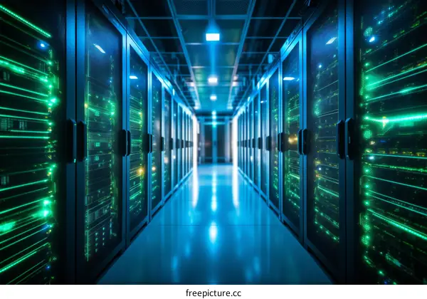 Server room with green lights