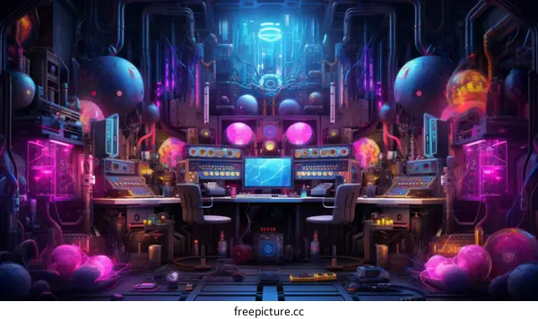 Sci-fi illustration of a futuristic laboratory with two empty chairs in the center