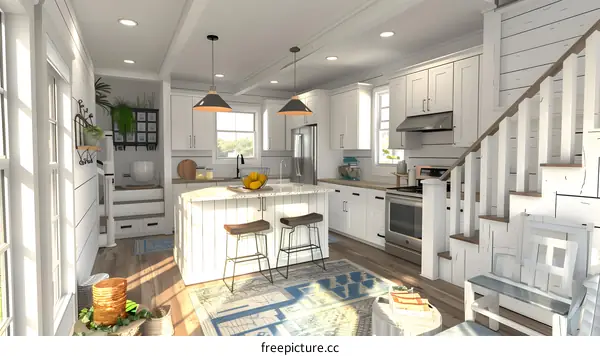 A modern kitchen with white cabinets and a large island