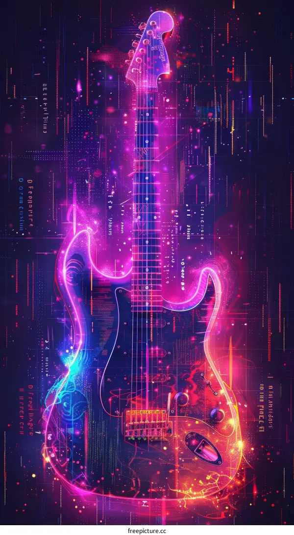 An electric guitar with a glowing purple and blue background