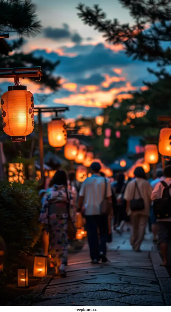 People walking on a stone path past paper lanterns at dusk