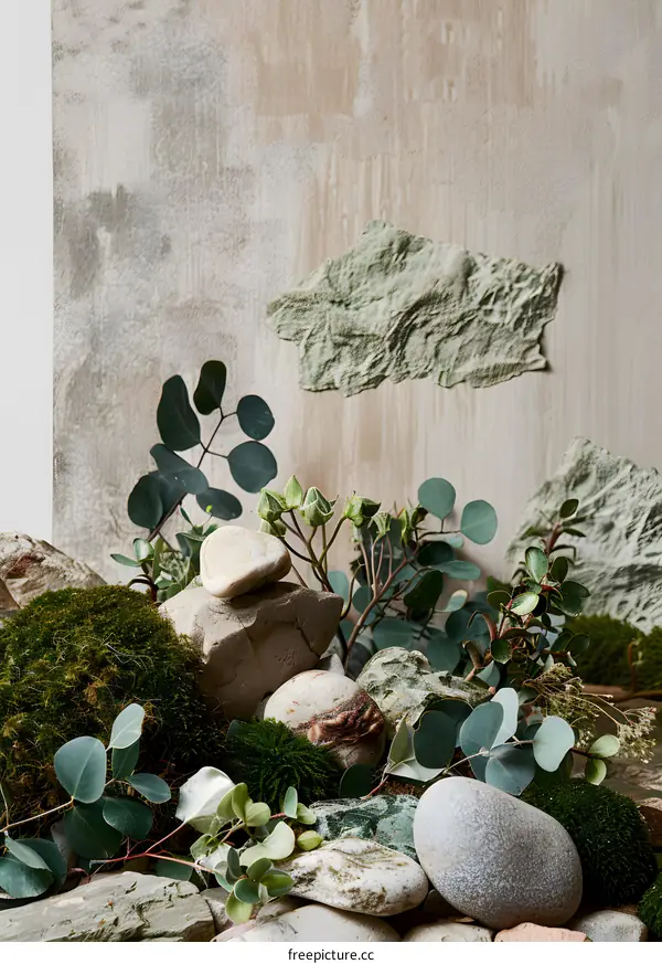 Green Leaves and Stones on a Textured Background