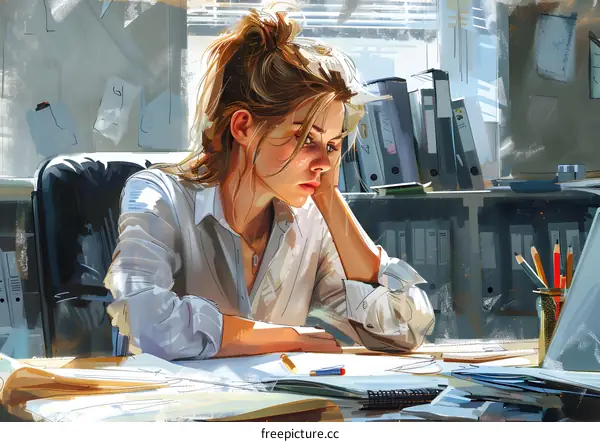 pensive woman at work staring out the window