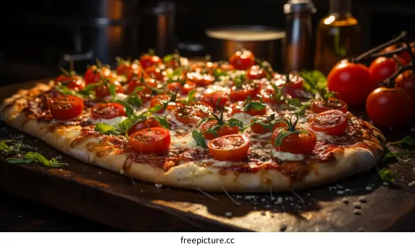 A luscious pizza slathered with fresh tomatoes, basil and melted cheese