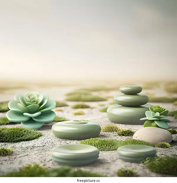 Green Stones and Succulents Minimalist Zen Garden