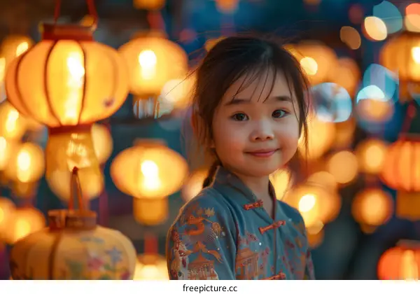 A Little Girl in a Cheongsam Stands in Front of a Lantern