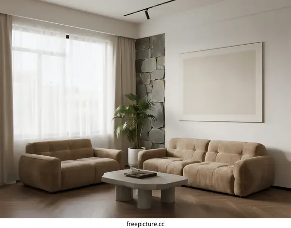 Modern living room with beige sofas and stone accent wall