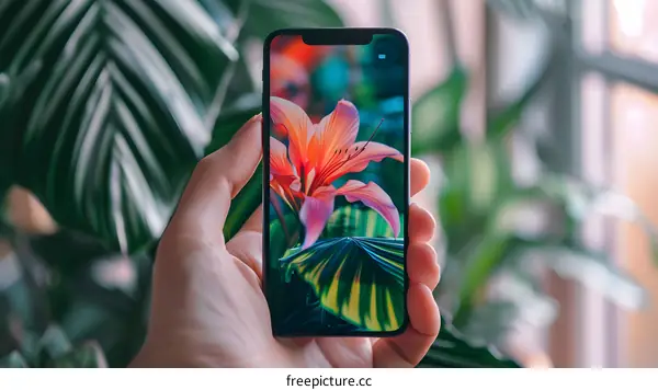 Close Up of Hand Holding a Phone with Flower on the Screen