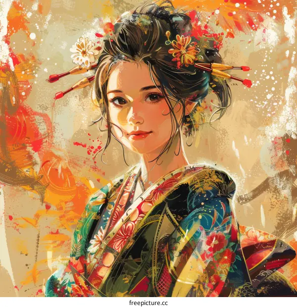 An illustration of a Japanese woman in a kimono with a colorful background