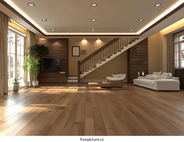 Modern Living Room Interior Design with Wooden Floor and Staircase