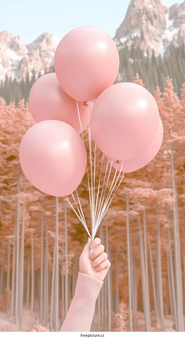Pink Balloons Held in Hand in a Forest Scene