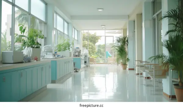 Long hospital hallway with blue cabinets and plants
