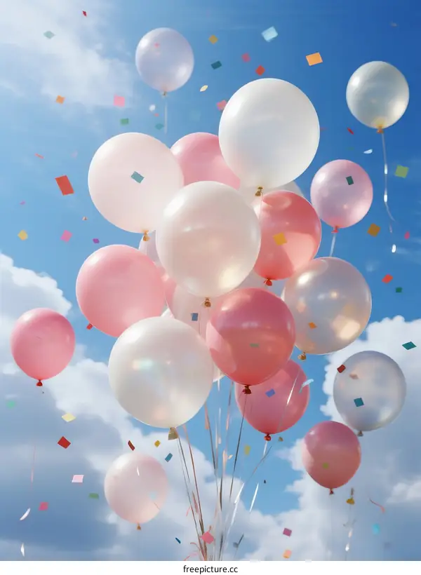 Colorful Balloons Floating Against Blue Sky with Confetti