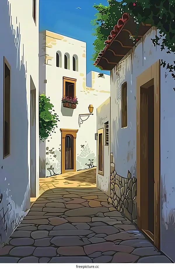 Cobblestone Street with White Buildings in a Mediterranean Town