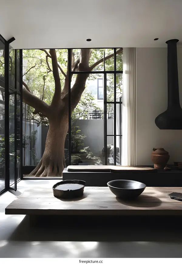 Modern Minimalist Home Interior with Large Window View of Tree