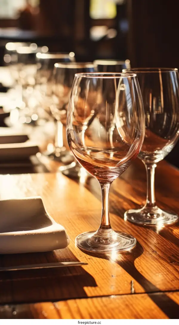 Elegant wine glasses on a wooden table in a restaurant