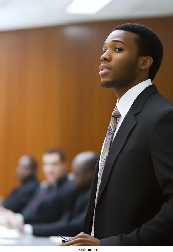 African American Man in a Suit Speaking at a Business Meeting
