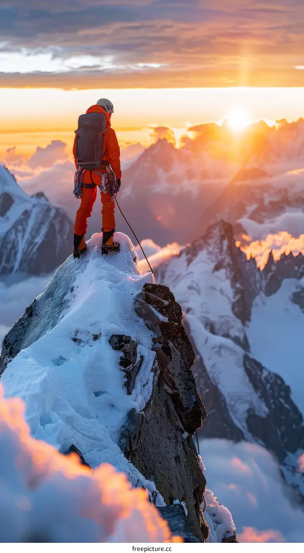 A lone mountaineer stands on a summit and gazes at the view