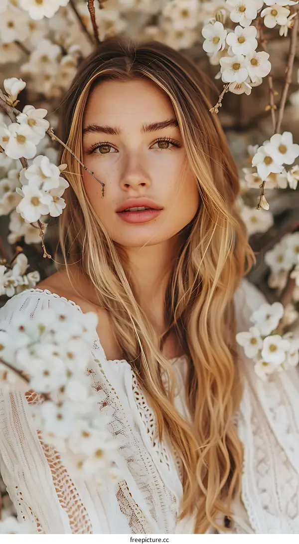 Blond Woman in White Dress Surrounded by Cherry Blossoms